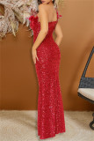 Sexy Formal Patchwork Sequins Feathers Oblique Collar Long Dresses