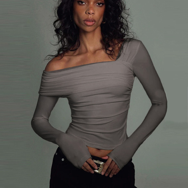 Sexy Solid Color Patchwork Ruched Asymmetrical Collar Tops