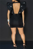 Sexy Party Nightclub Solid Color Backless Hot Drill Deep V Neck Wrapped Skirt Dresses