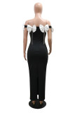 Sexy Party Formal Patchwork Fringed Trim Slit Bow Decor Off Shoulder Long Dresses
