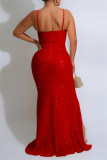 Sexy Solid Color Sequins Backless Slit Ruched Spaghetti Strap Long Dresses