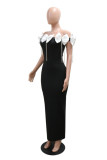Sexy Party Formal Patchwork Fringed Trim Slit Bow Decor Off Shoulder Long Dresses