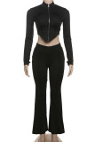 Casual Solid Color Patchwork Zipper Zipper Collar Long Sleeve Two Pieces