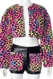 Casual Leopard Print Pocket Patchwork Cardigan Collar Long Sleeve Two Pieces