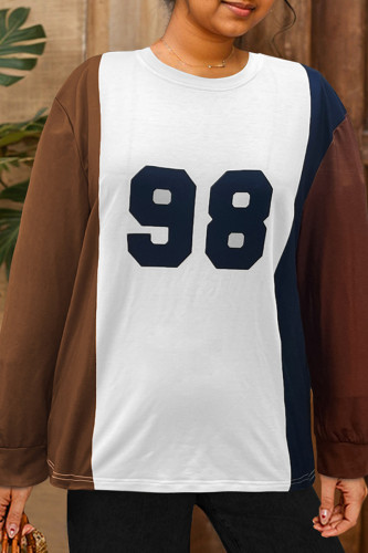 Casual Letters Patchwork O Neck Plus Size Tops