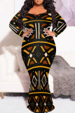 Elegant Print Patchwork O Neck Long Plus Size Dresses