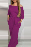 Casual Solid Color Pocket Patchwork Off Shoulder Loose Jumpsuits