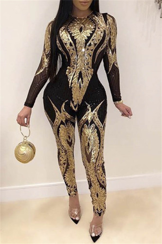 Fashion Long Sleeve Perspective Sequins Jumpsuit