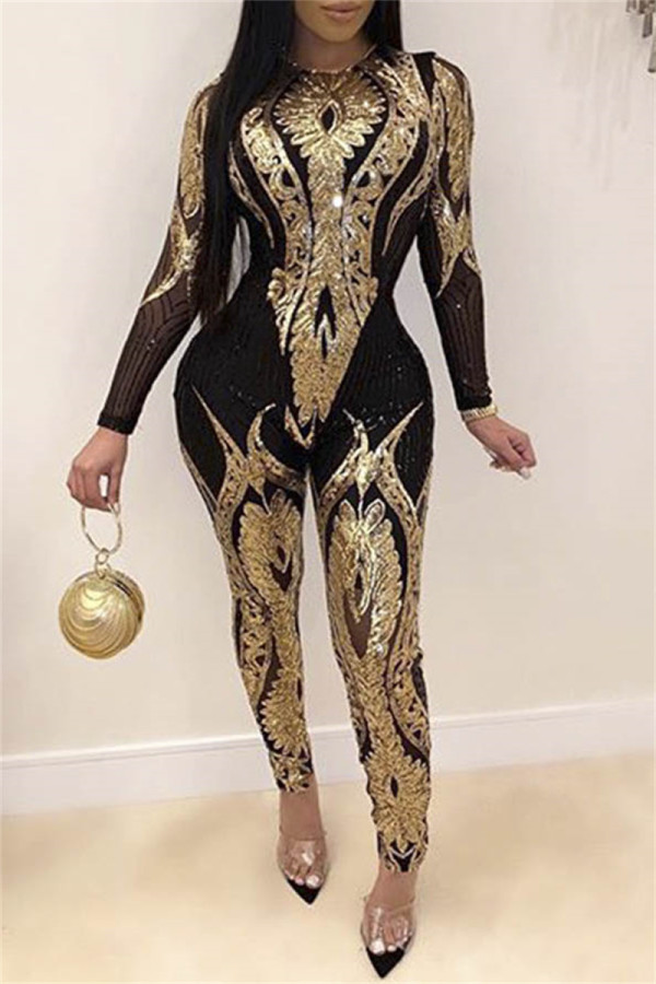 Fashion Long Sleeve Perspective Sequins Jumpsuit