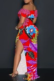 Casual Print Slit Off Shoulder Long Dresses