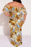 Casual Floral Print Patchwork Off Shoulder Long Plus Size Dresses