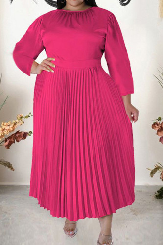 Elegant Solid Color Patchwork Zipper Pleated O Neck A Line Plus Size Dresses