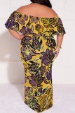 Casual Floral Print Patchwork Off Shoulder Long Plus Size Dresses