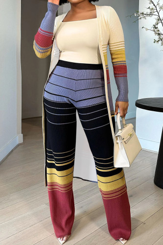 Casual Stripe Patchwork Cardigan Collar Plus Size Three Pieces