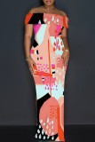 Casual Print Slit Off Shoulder Long Dresses