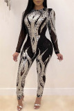 Fashion Long Sleeve Perspective Sequins Jumpsuit