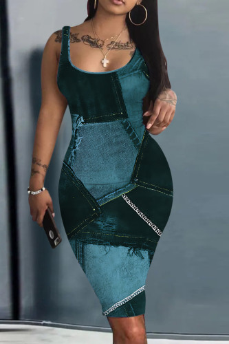 Casual Faux Denim Print Basic U Neck Vest Dresses