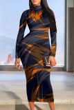 Casual Street Geometric Print Gradient Contrast Half A Turtleneck Printed Dresses