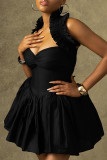 Elegant Solid Color Patchwork Backless Asymmetrical Collar A Line Dresses