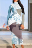 Casual Street Geometric Print Gradient Contrast Half A Turtleneck Printed Dresses