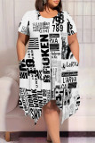 Casual Street The stars Tie Dye Stripe Newspaper printing Pocket Contrast O Neck Printed Plus Size Dresses
