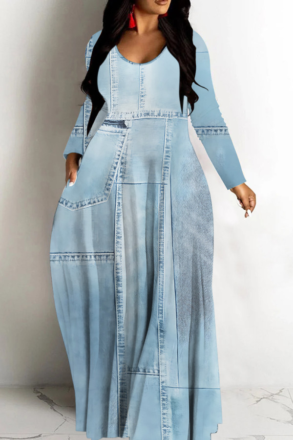 Casual Print Basic V Neck Long Dresses