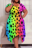 Casual Street The stars Tie Dye Stripe Newspaper printing Pocket Contrast O Neck Printed Plus Size Dresses
