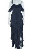 Sexy Solid Color Patchwork Backless Ruffled Trim Spaghetti Strap Sling Dresses