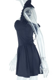 Elegant Solid Color Patchwork Backless Asymmetrical Collar A Line Dresses