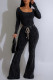 Casual Solid Color Draw String Patchwork U Neck Long Sleeve Two Pieces