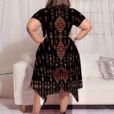 Casual Street National Totem Geometric Print Pocket Irregular Contrast O Neck Printed Plus Size Dresses