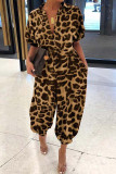 Casual Leopard Print Pocket Buckle Patchwork Turndown Collar Loose Jumpsuits