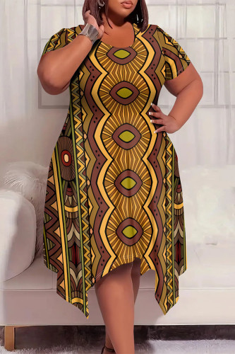 Casual Street National Totem Geometric Print Pocket Irregular Contrast O Neck Printed Plus Size Dresses