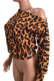 Casual Leopard Print Buttons Patchwork Oblique Collar Tops