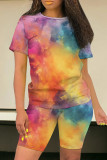 Casual Tie Dye Patchwork O Neck Short Sleeve Two Pieces