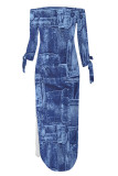 Casual Street Faux Denim Print Lace Up Slit Contrast Off Shoulder Printed Dresses