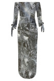 Casual Street Faux Denim Print Lace Up Slit Contrast Off Shoulder Printed Dresses