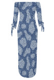 Casual Street Faux Denim Print Lace Up Slit Contrast Off Shoulder Printed Dresses