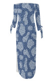 Casual Street Faux Denim Print Lace Up Slit Contrast Off Shoulder Printed Dresses