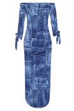 Casual Street Faux Denim Print Lace Up Slit Contrast Off Shoulder Printed Dresses