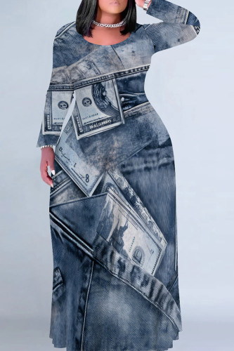 Casual Print Patchwork O Neck Long Plus Size Dresses