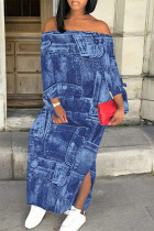 Casual Street Faux Denim Print Lace Up Slit Contrast Off Shoulder Printed Dresses