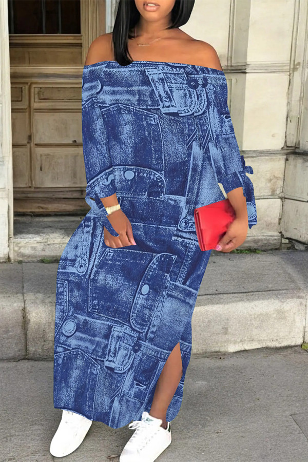 Casual Street Faux Denim Print Lace Up Slit Contrast Off Shoulder Printed Dresses