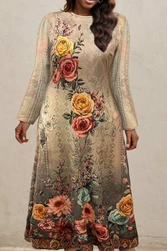 Casual Print Patchwork Zipper O Neck A Line Plus Size Dresses