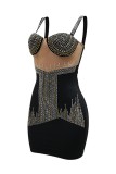 Sexy Patchwork Hot Drilling Backless Spaghetti Strap Wrapped Skirt Dresses