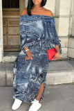 Casual Street Faux Denim Print Lace Up Slit Contrast Off Shoulder Printed Dresses
