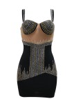 Sexy Patchwork Hot Drilling Backless Spaghetti Strap Wrapped Skirt Dresses