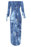 Casual Street Faux Denim Print Lace Up Slit Contrast Off Shoulder Printed Dresses