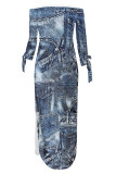 Casual Street Faux Denim Print Lace Up Slit Contrast Off Shoulder Printed Dresses