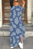 Casual Street Faux Denim Print Lace Up Slit Contrast Off Shoulder Printed Dresses